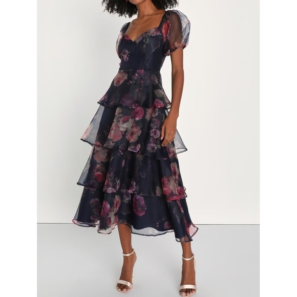 Lulus Dresses & Skirts - NWT Lulus Oh-So Stunning Navy Blue Floral Organza Tiered Midi Dress XXL